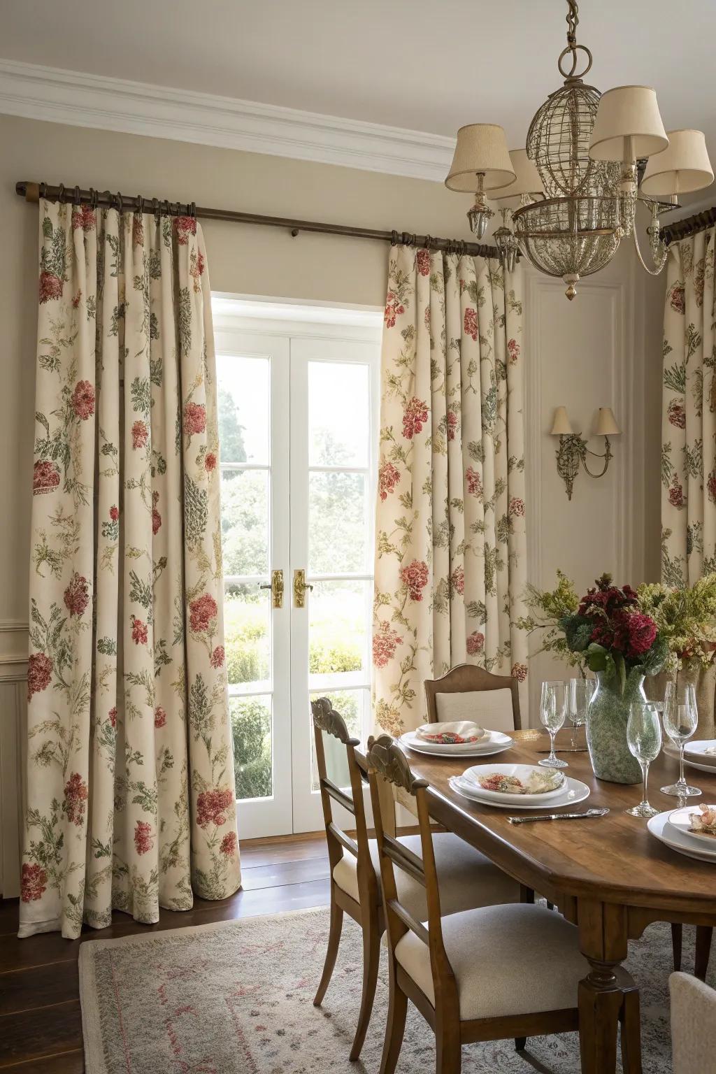 Printed curtains adding character to the dining area.