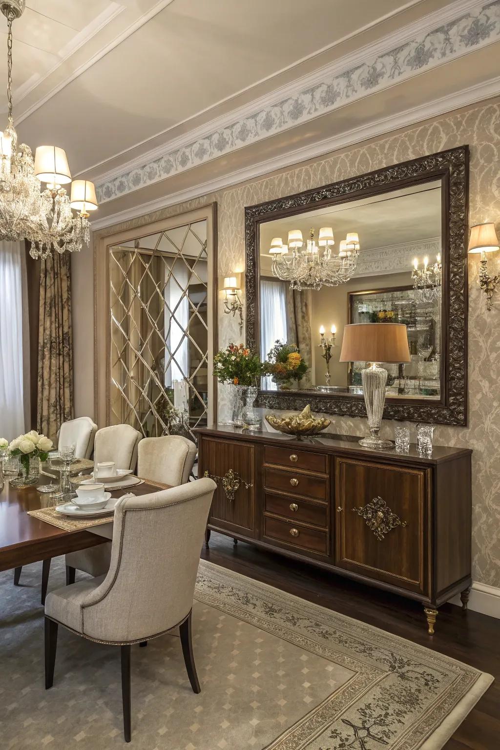 Mirrors above sideboards anchor the room's decor.