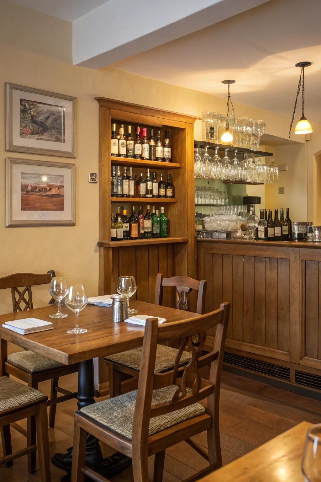 Bar area within the dining room adds practicality and hospitality.