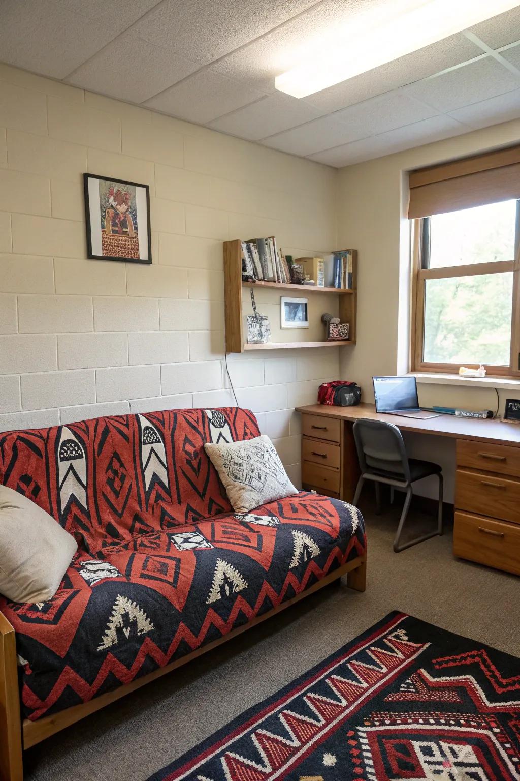 Bold patterns on this couch add visual interest to the dorm room.