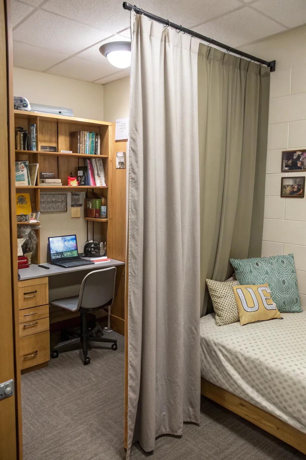 A curtain divider creates separate zones in the dorm room.