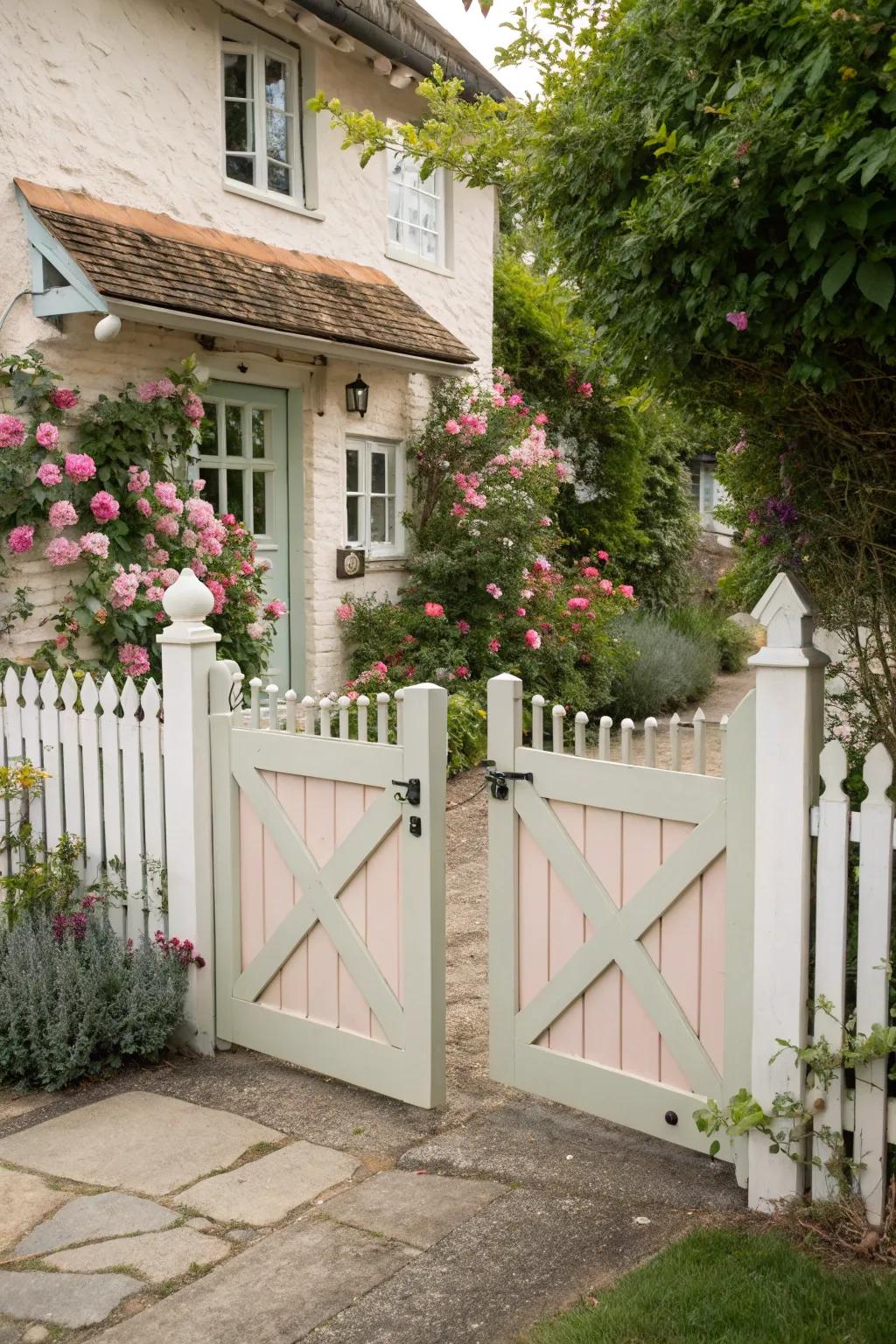 A pastel-painted gate offering a welcoming cottage charm.