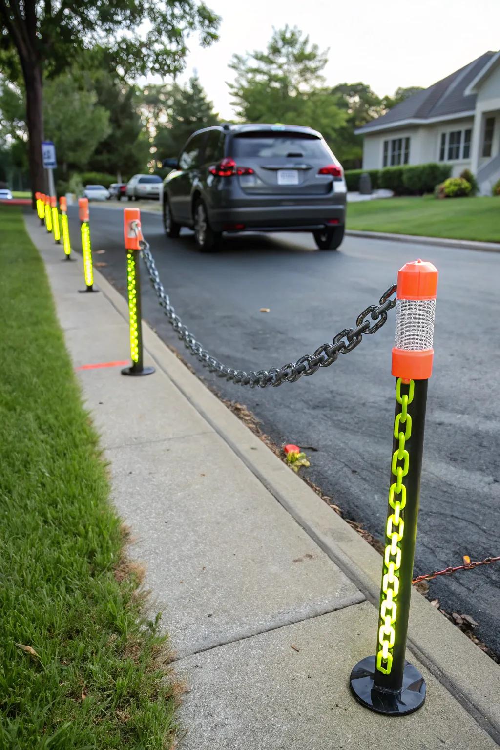 Safety reflectors on chains for enhanced visibility.