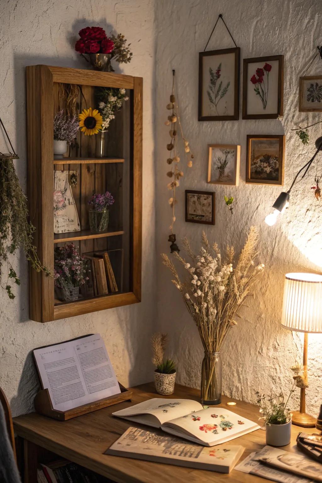 A personal story told through dried florals in a shadow box.