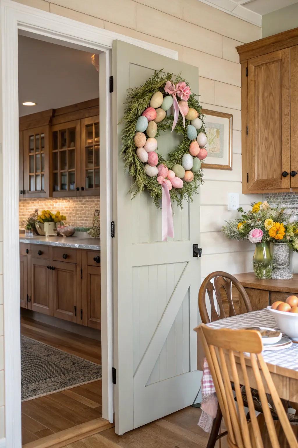 An Easter wreath adds charm and festivity to the pantry door.