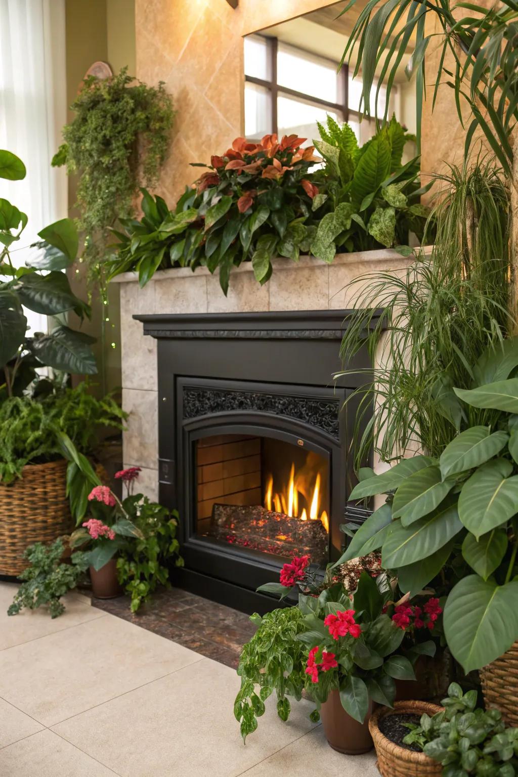 An electric fireplace surrounded by lush greenery and indoor plants.