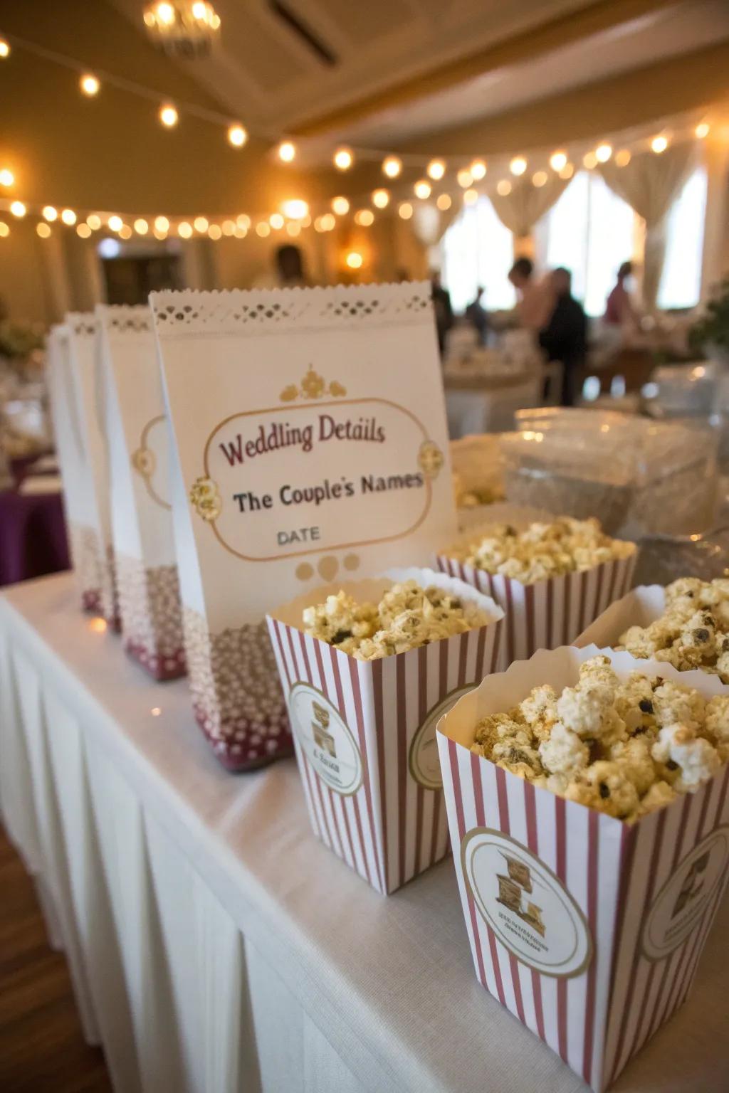 Custom popcorn bags featuring wedding details, a perfect keepsake for guests.