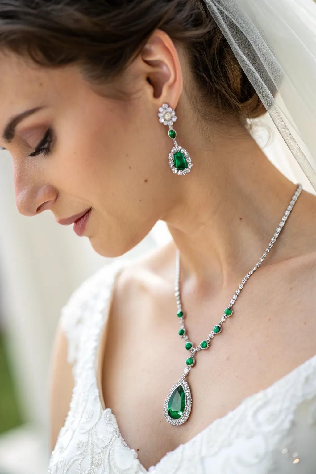 Bridal jewelry featuring elegant emerald stones.