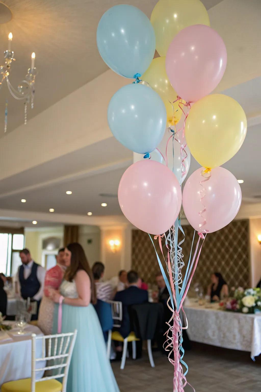 A whimsical balloon arrangement adds a playful touch.