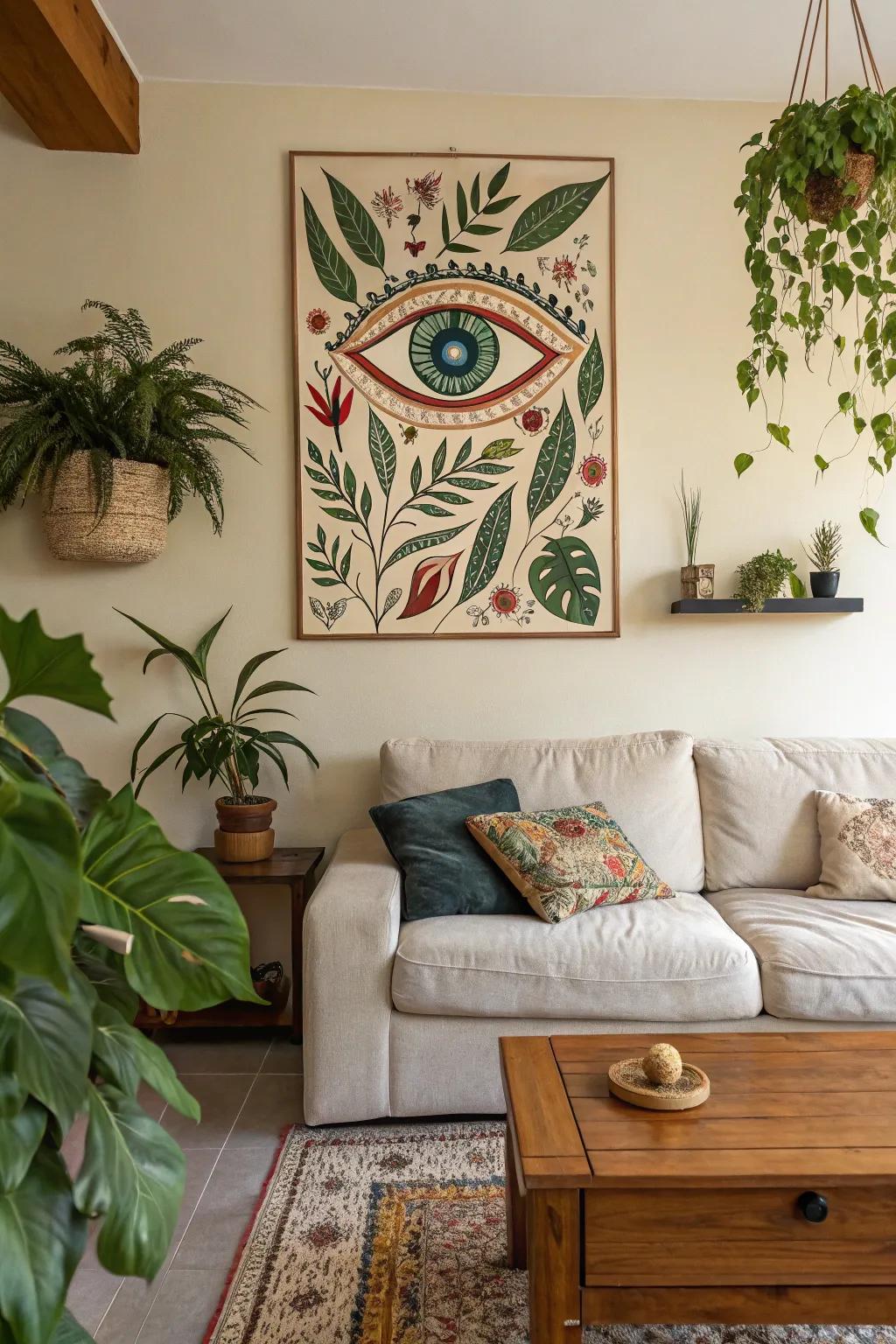 A serene eye painting with botanical motifs that enhances the natural feel of the space.