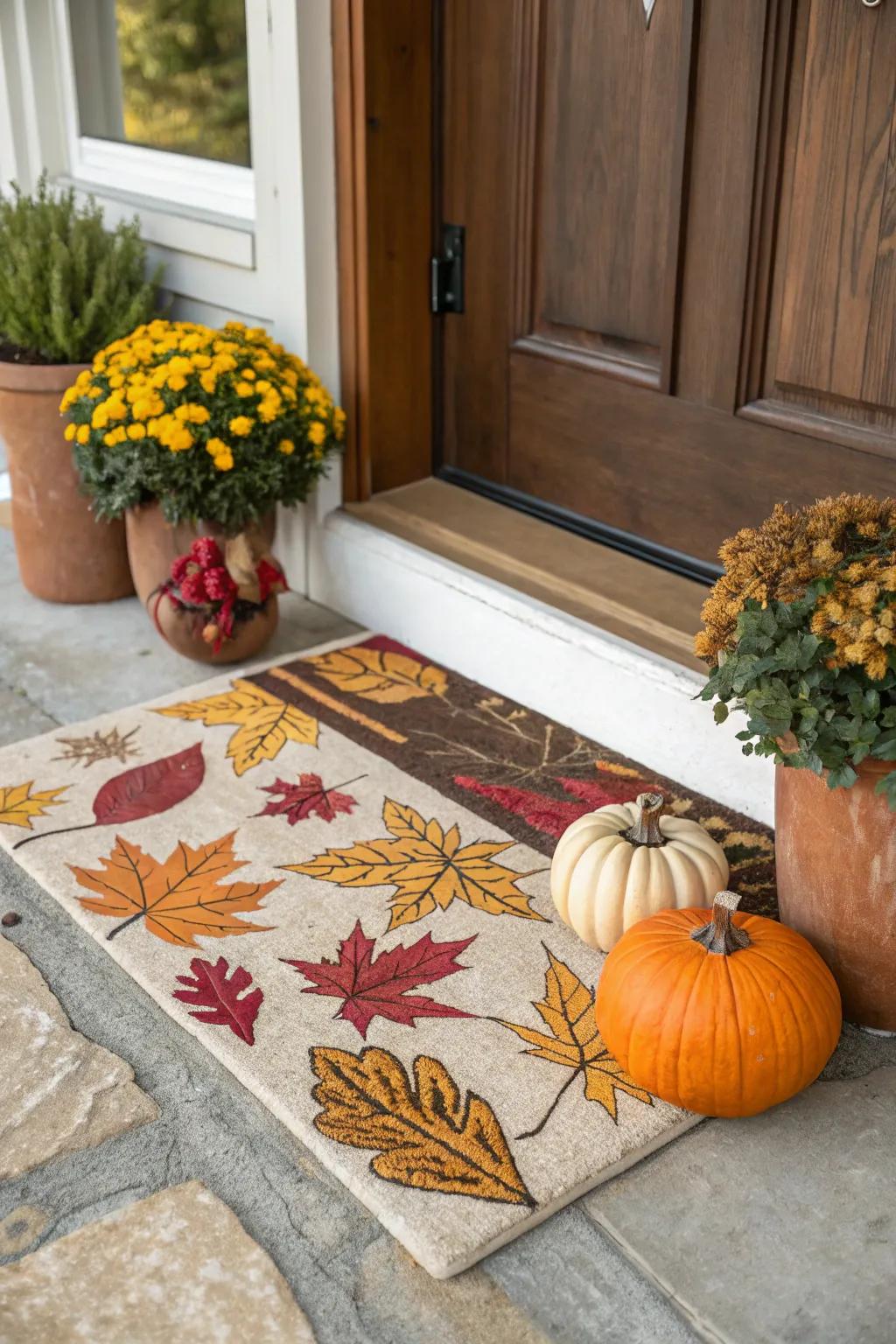 A festive doormat welcomes guests to a fall-themed home.