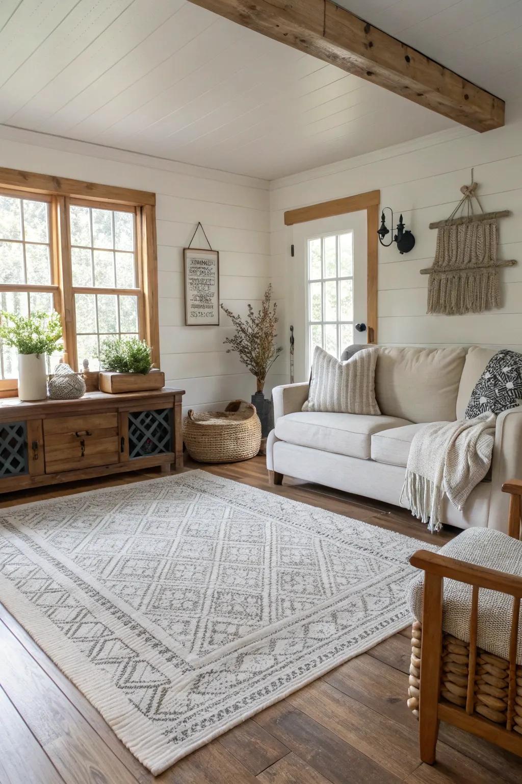 Monochrome rugs provide a bold, modern touch to farmhouse interiors.