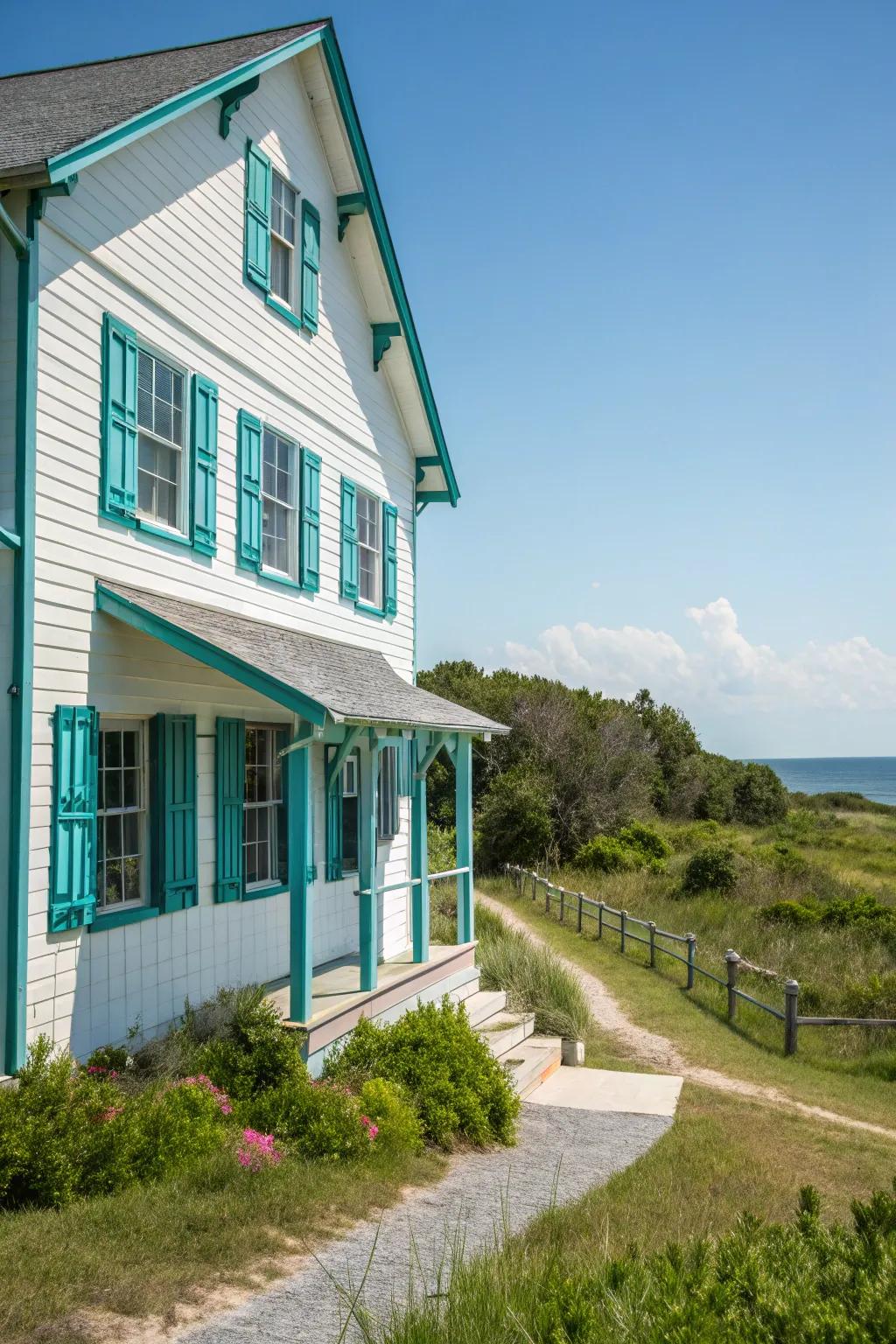 Turquoise accents turn this farmhouse into a coastal escape.