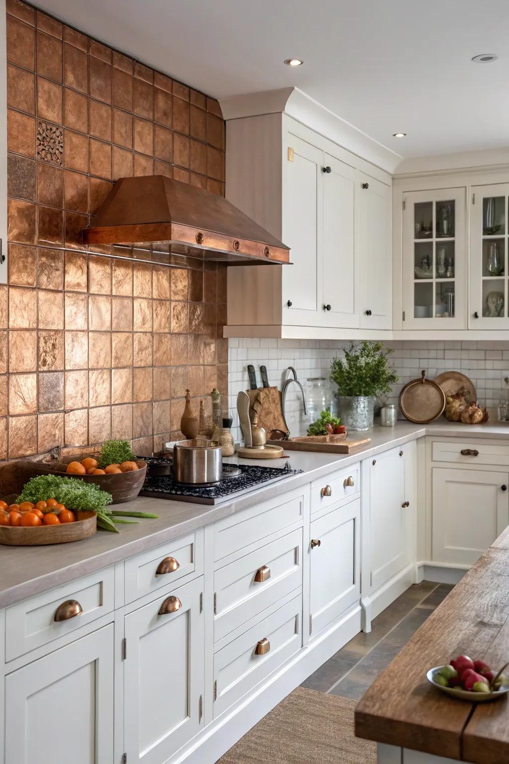 A bronze backsplash delivers warmth and comparison within this country-style kitchen.