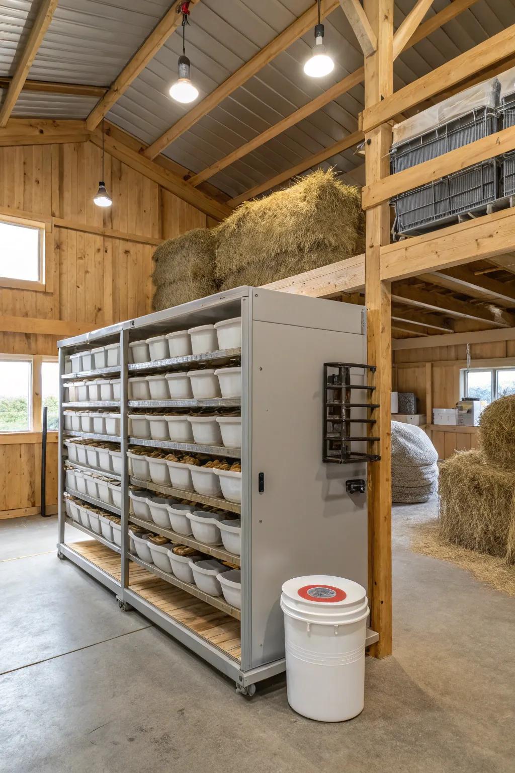 Rotating storage keeps feed fresh and minimizes waste.