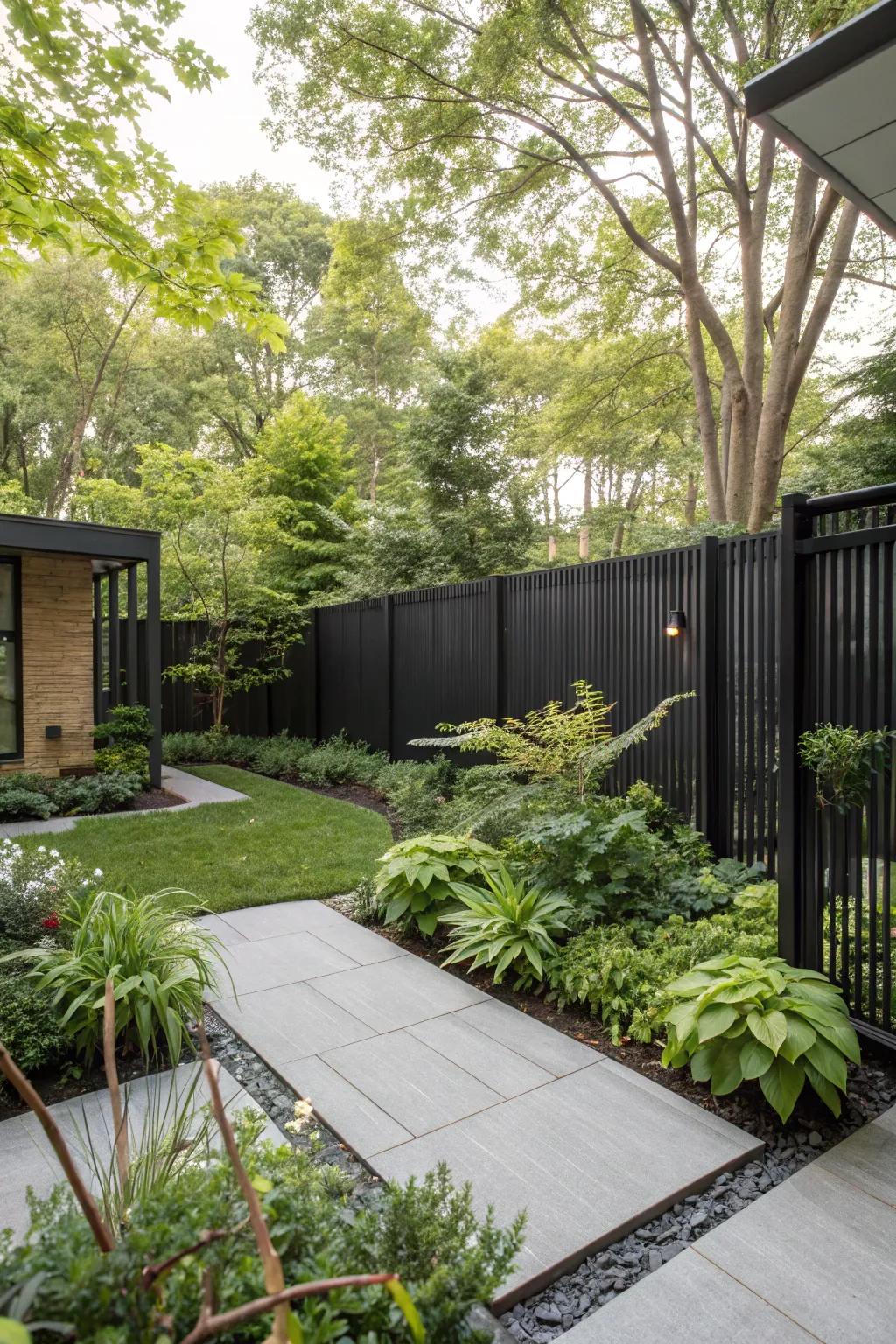 Audacious ebony fencing establishes a remarkable contrast with greenery.