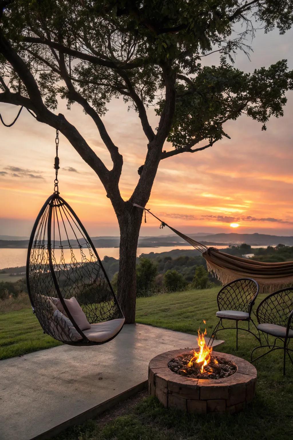 Hammocks and hanging chairs provide a unique lounging experience.