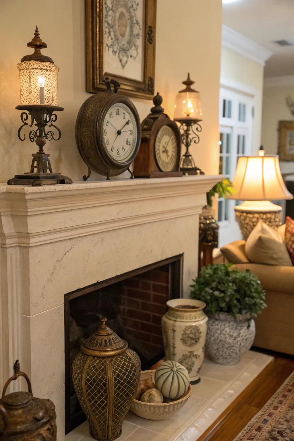 A mantel featuring vintage finds, instilling a sense of history and allure.