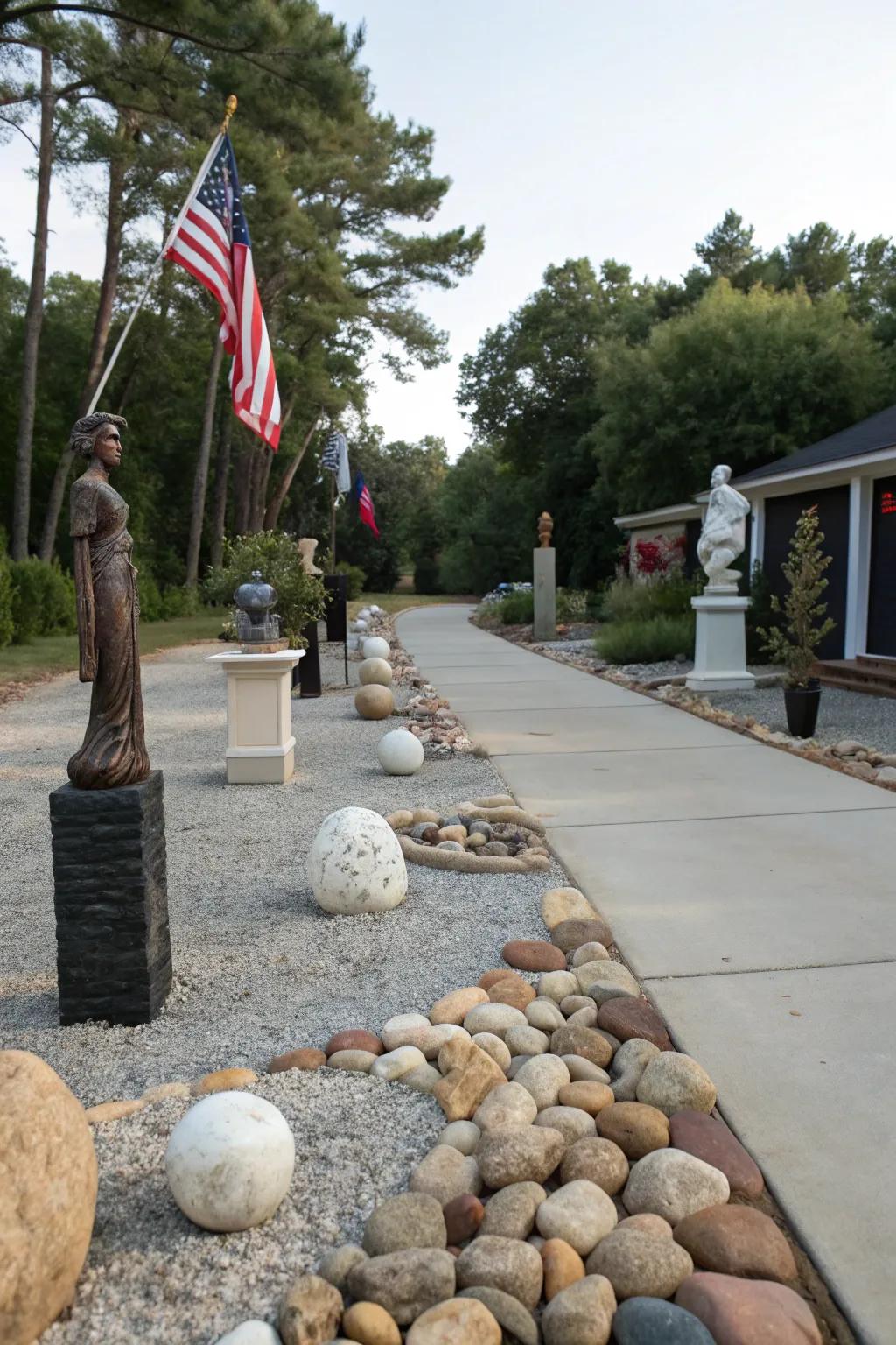 An artistic touch to a flag lot driveway with sculptures and decorative stones.