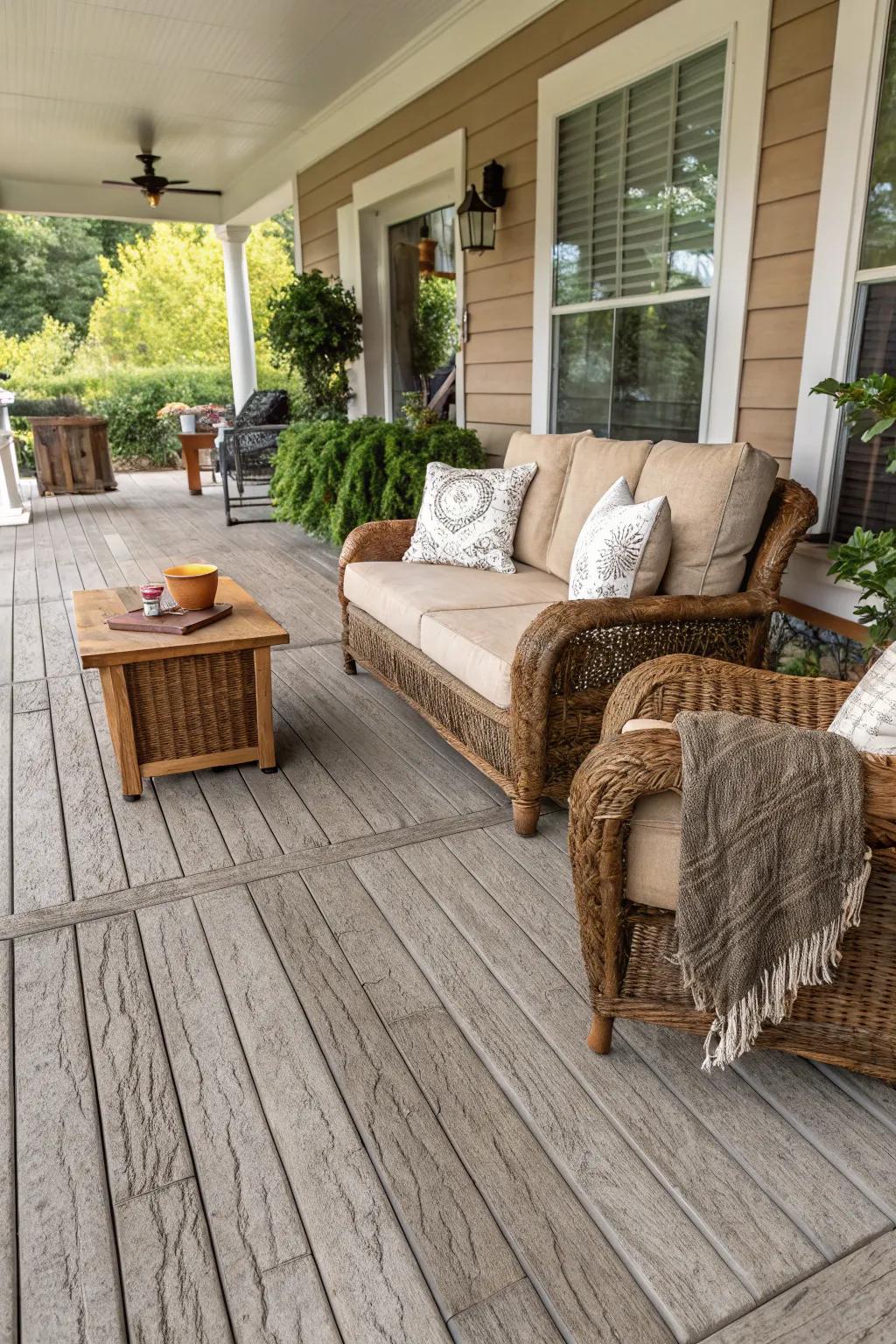 Faux wood concrete offers rustic charm.