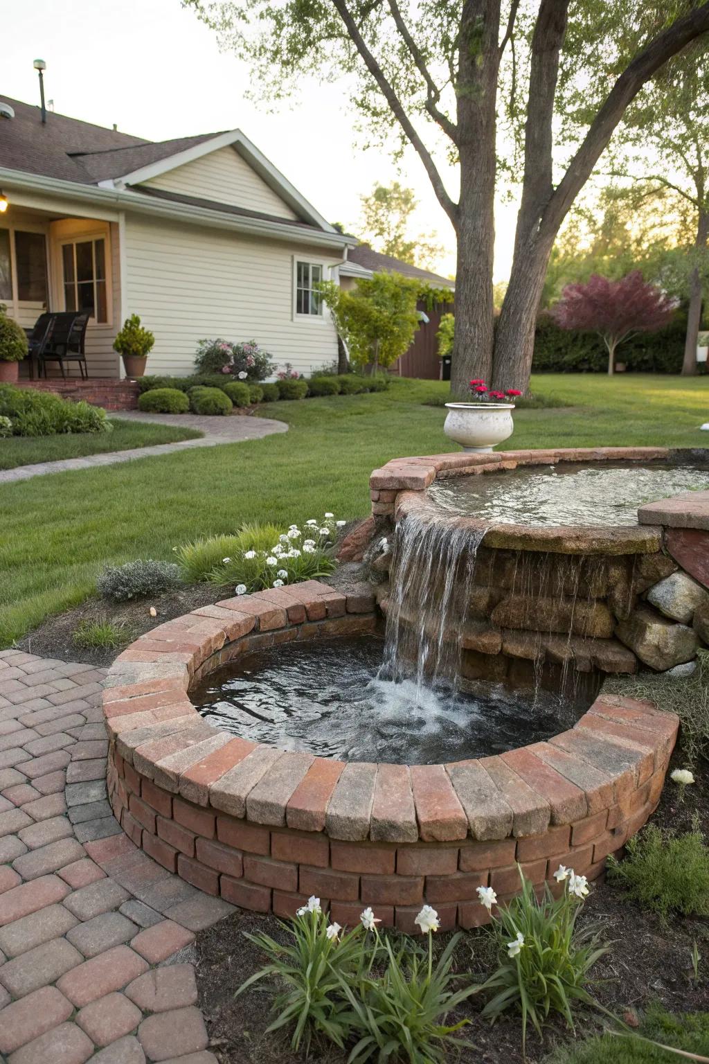 A brick water feature adds a calming presence to the garden.