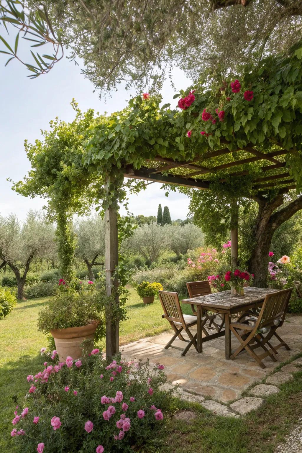 A shaded retreat offers a cool escape in this Mediterranean-inspired outdoor space.