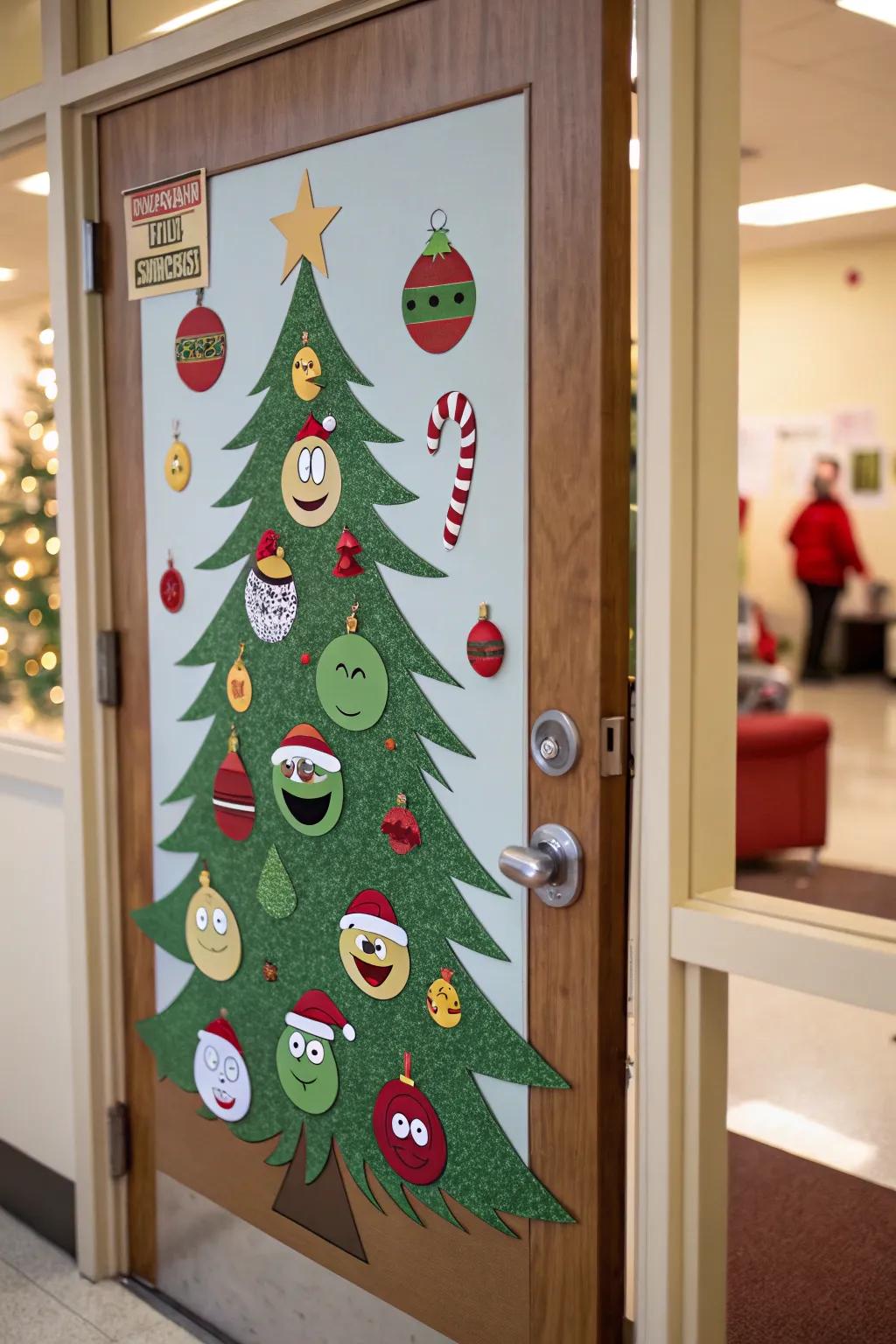 A 3D Christmas tree cutout adds depth and fun to your festive door.