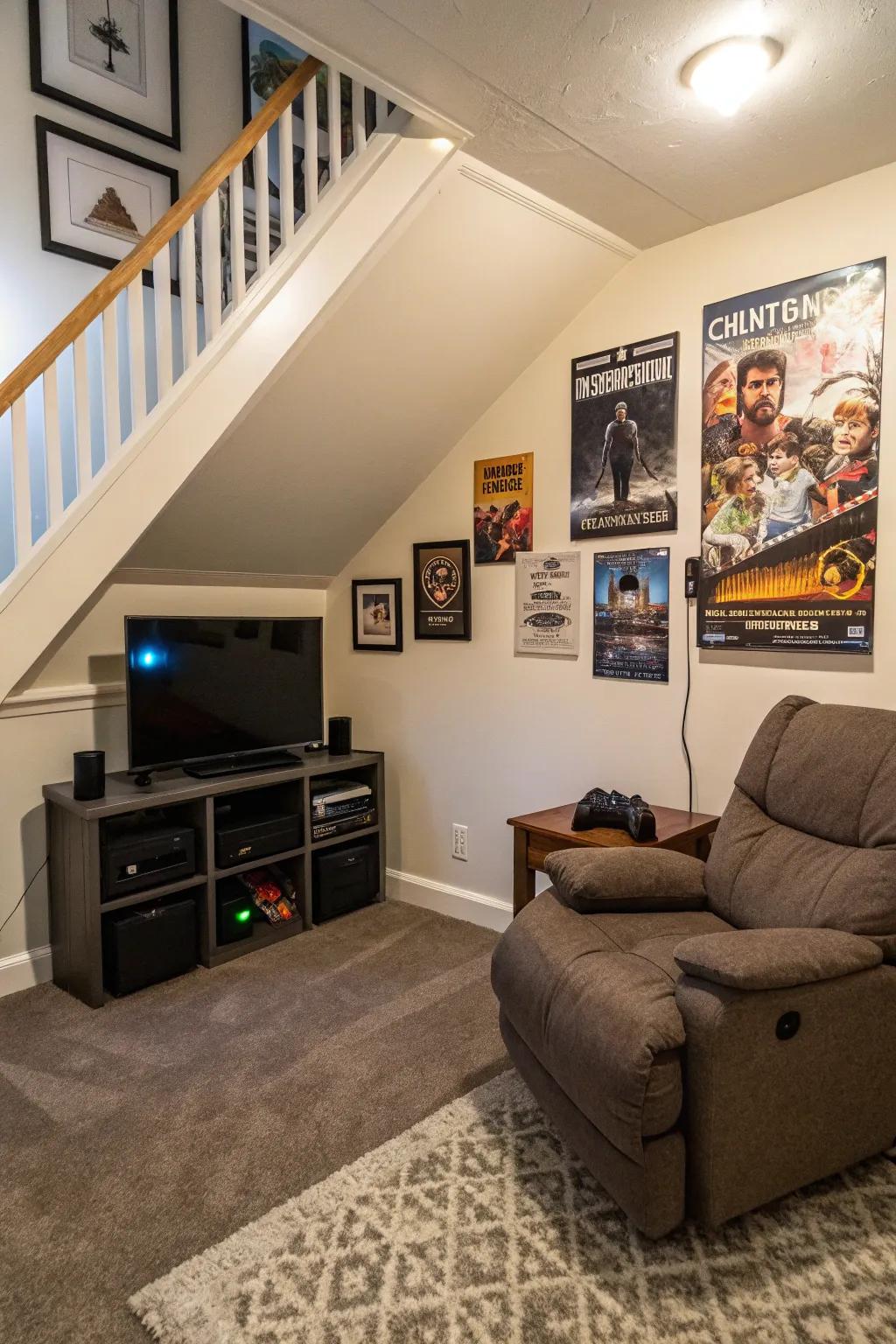 A gaming nook under the stairs maximizes space creatively.