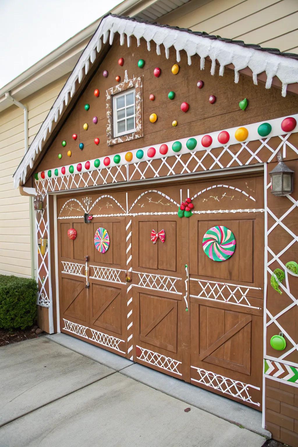 Garage door transformed into a giant cookie house.
