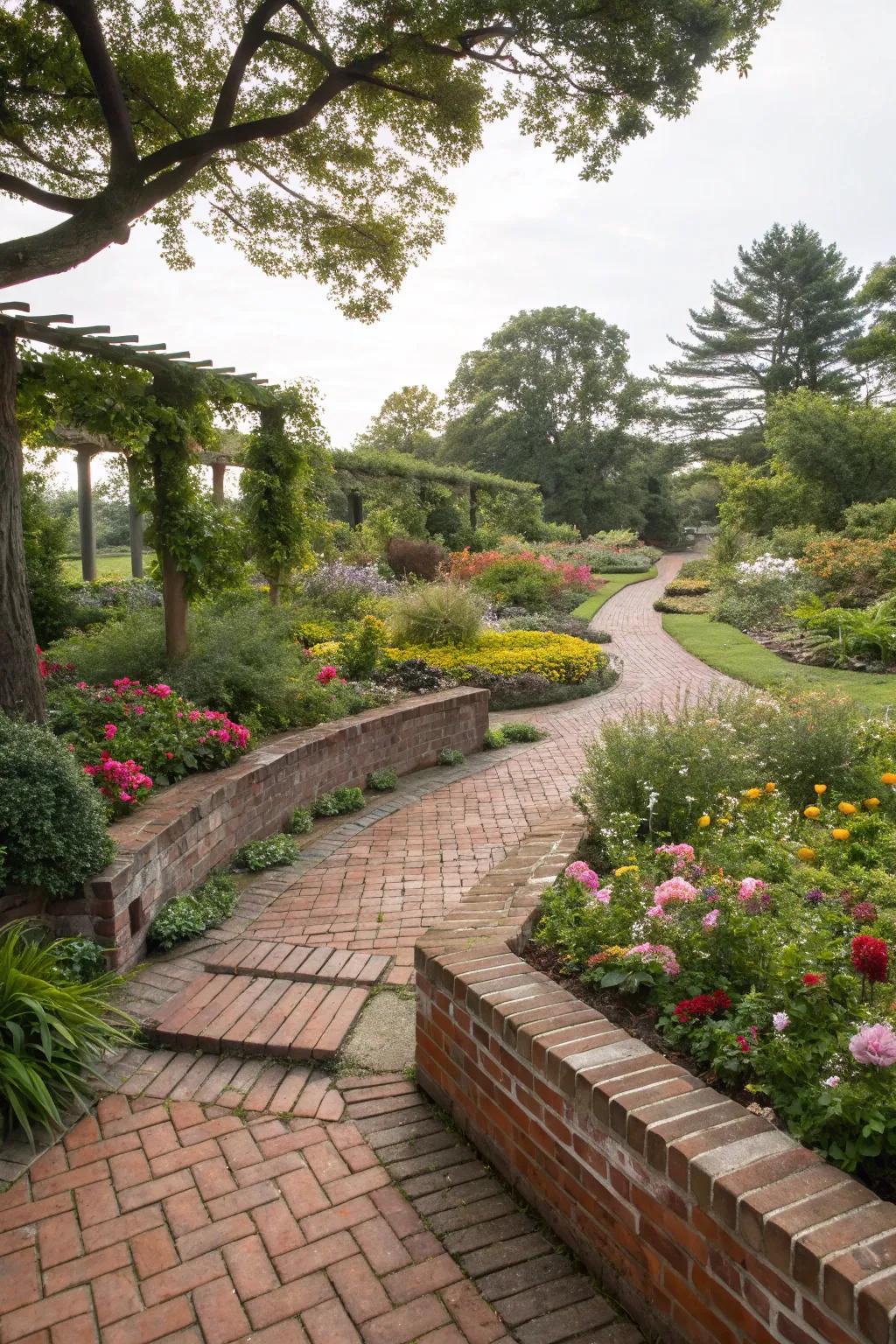 Brick edging neatly framing flower beds and pathways in a garden.