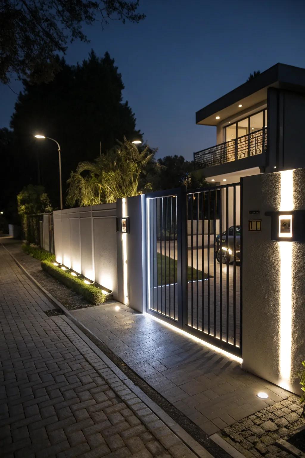 Integrated lighting transforms your gate into a nighttime feature.