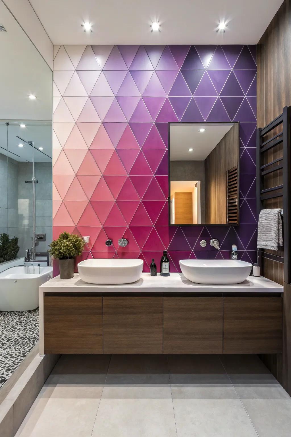 A bathroom with a gradient triangle geometric wall design.