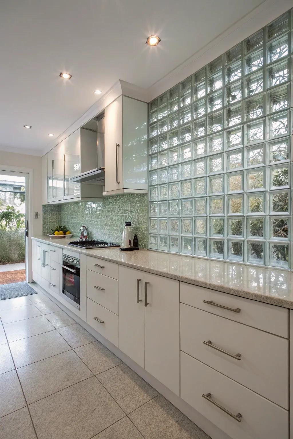 A kitchen showcases a glass block backsplash, providing a modern, bright, and easy-to-maintain surface.