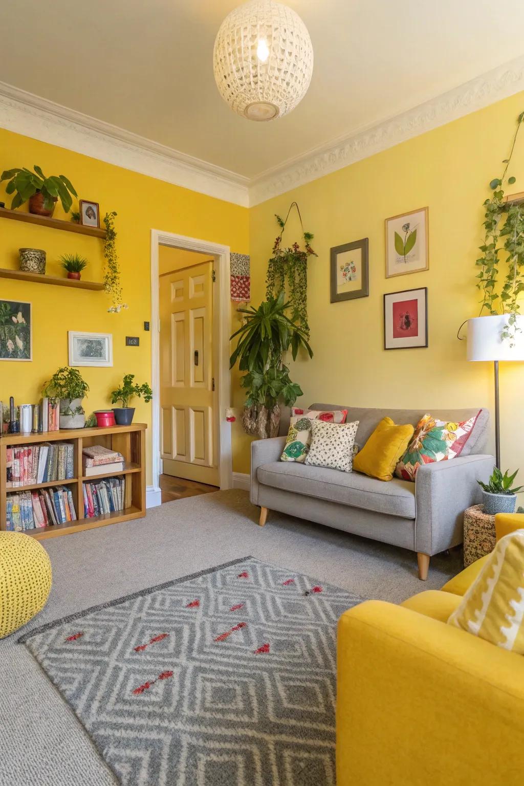 Yellow walls bring sunshine and warmth to grey carpets.