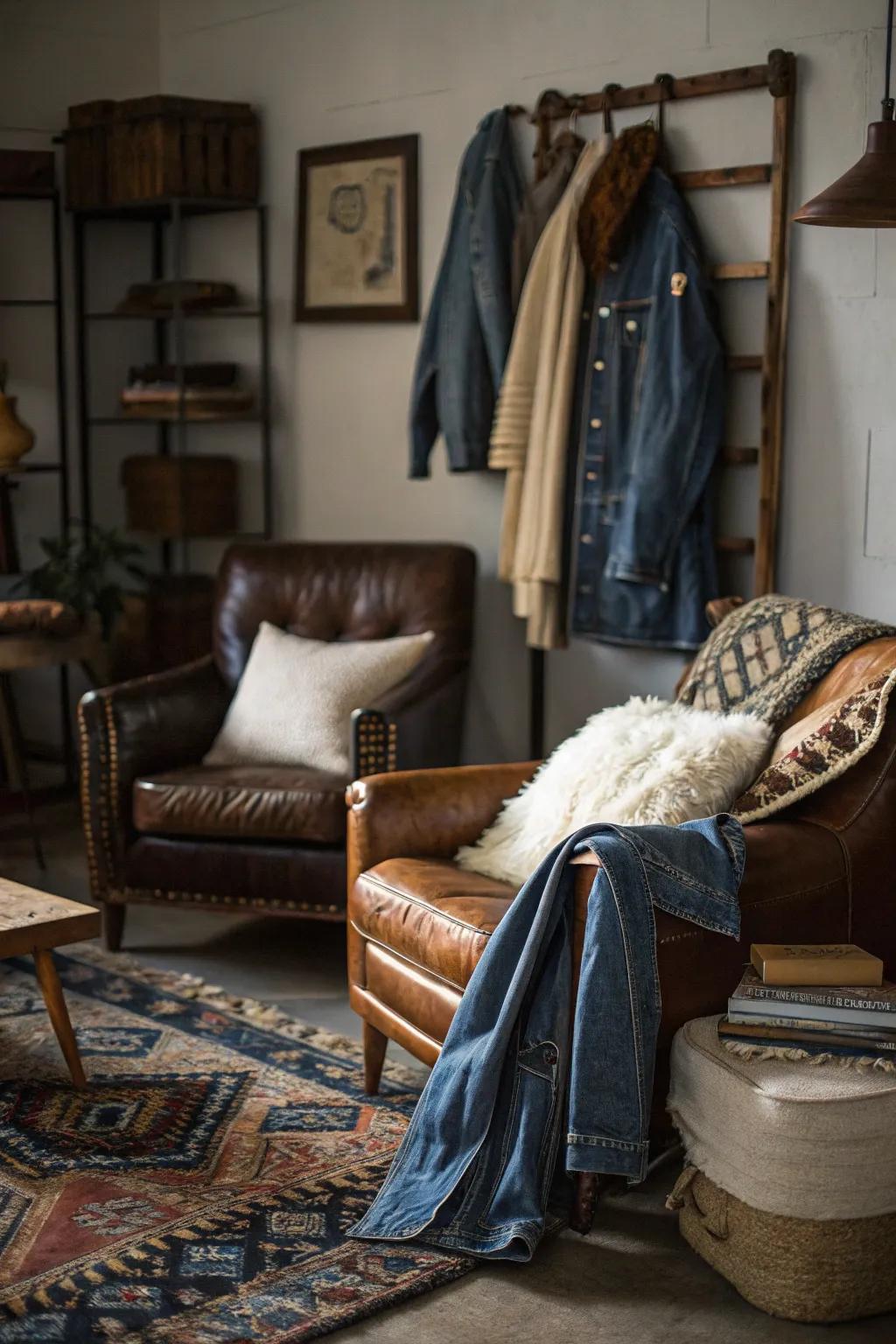 A texture amalgamation enriches the room's tactile appeal.