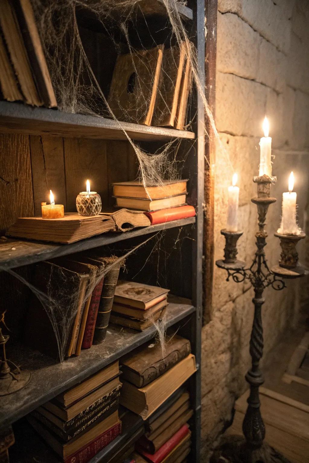 Create an enchanted library for a literary Halloween feel.