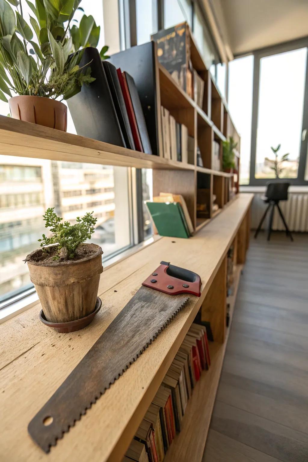 A handsaw transformed into a functional decorative ledge.