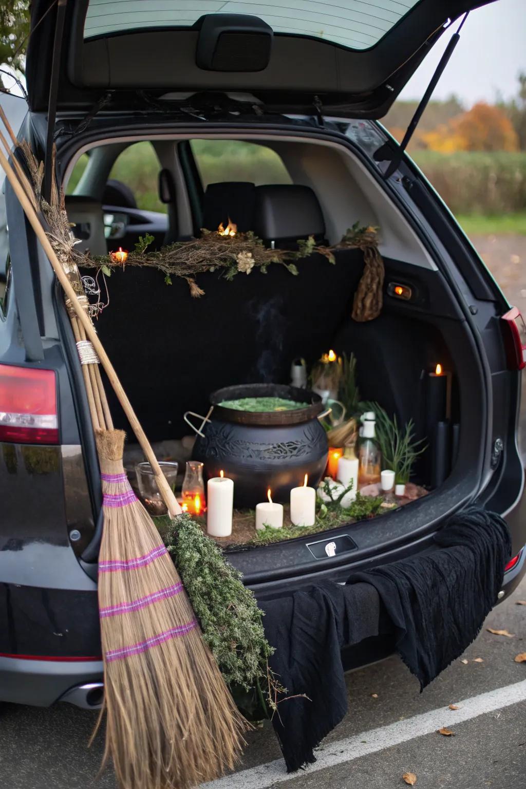 Enter the witch's lair with broomsticks and cauldrons for a magical trunk display.