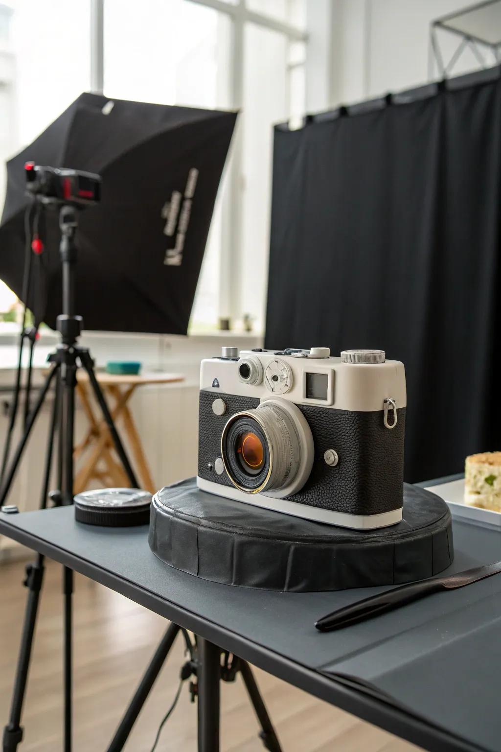 A vintage film camera cake that’s a nod to classic filmmaking.