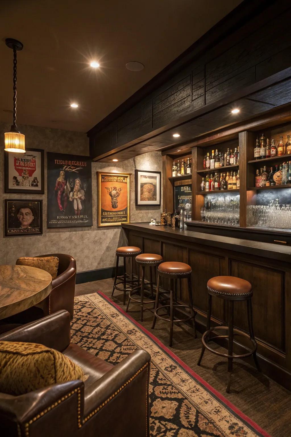 Create a speakeasy vibe with moody colors and vintage touches.