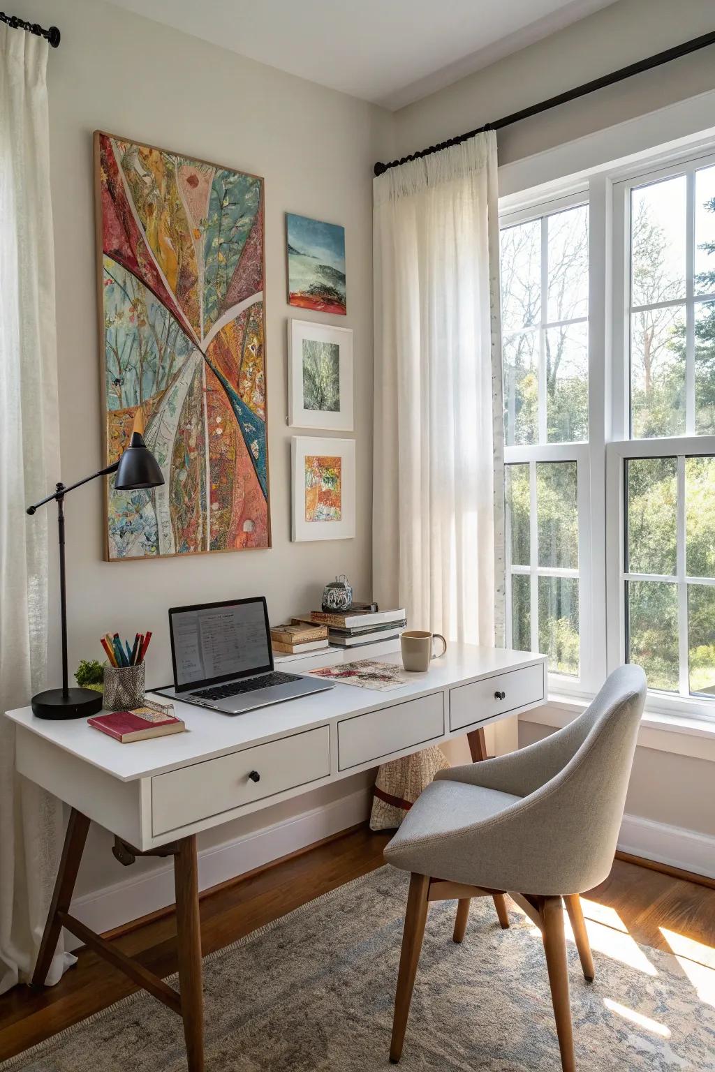 Custom wall art adds a personal artistic touch to your workspace.