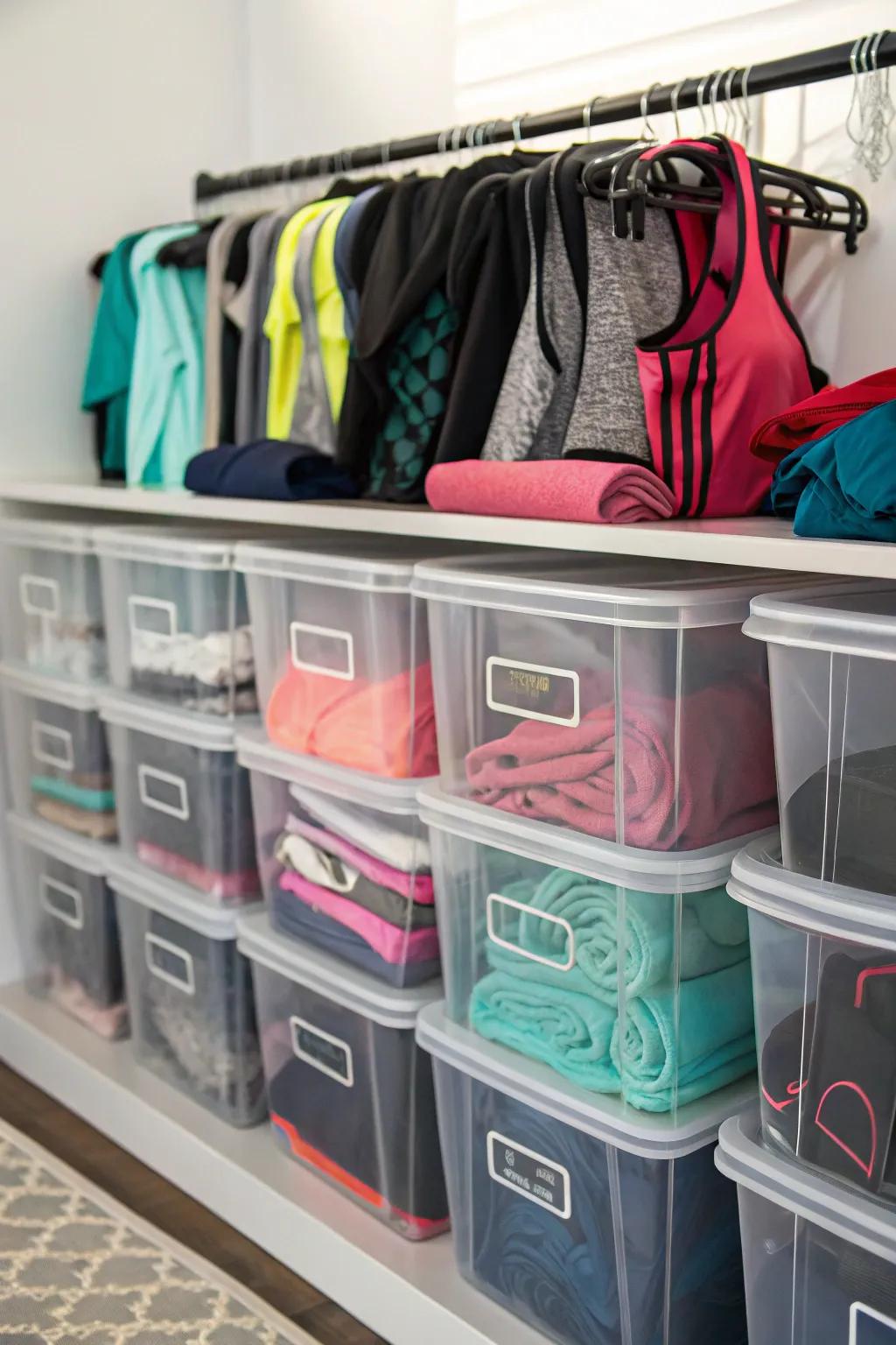 Clear containers showing neatly arranged workout clothes.