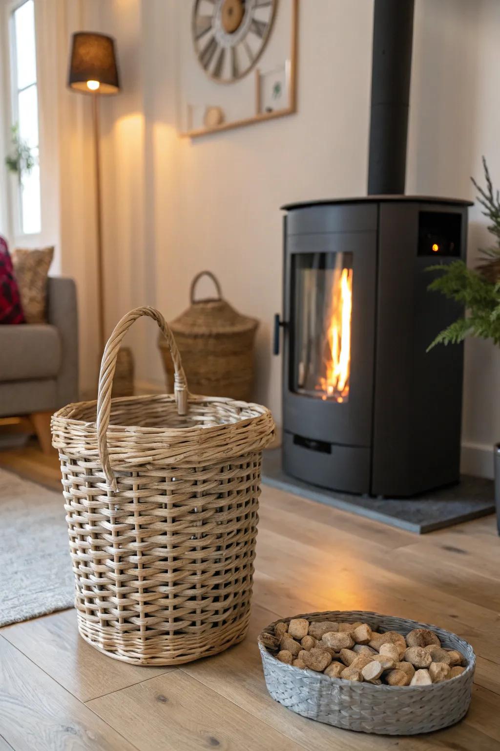 Decorative baskets provide an elegant touch for storing small amounts of pellets.