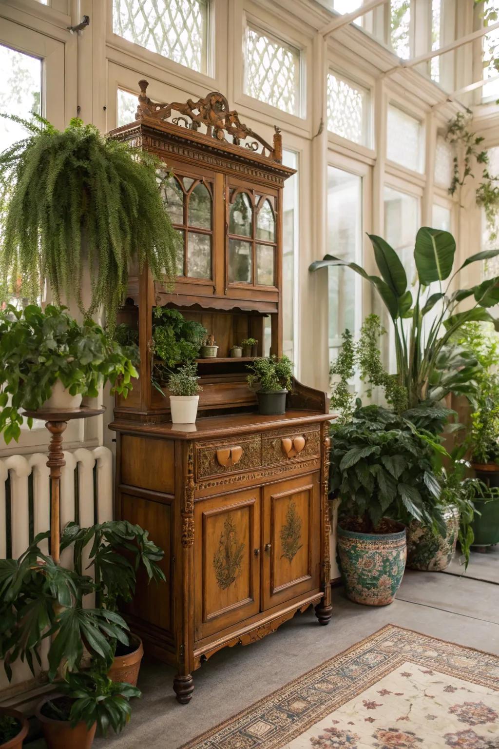 Blend vintage charm with lush greenery.