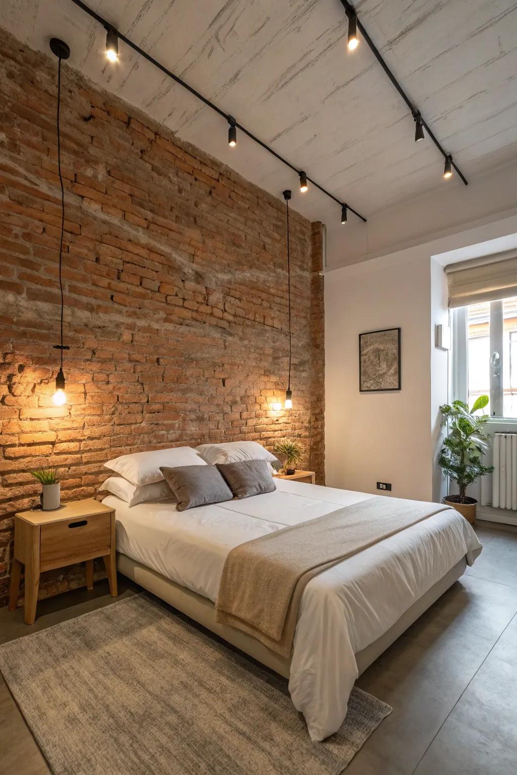 A minimalist bedroom with an exposed brick facade, adding warmth and depth to the space.