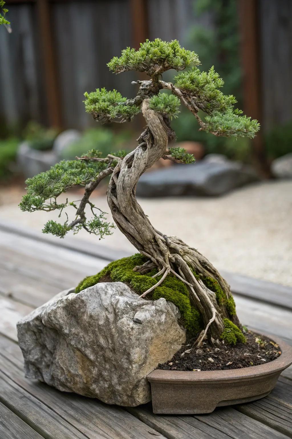 A root-over-rock juniper bonsai emphasizing nature’s power on a natural stone.