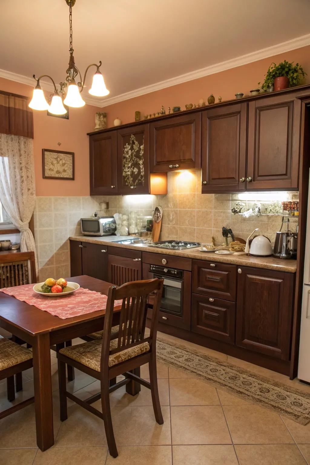 Rich chocolate brown creates a cozy and inviting kitchen ambiance.