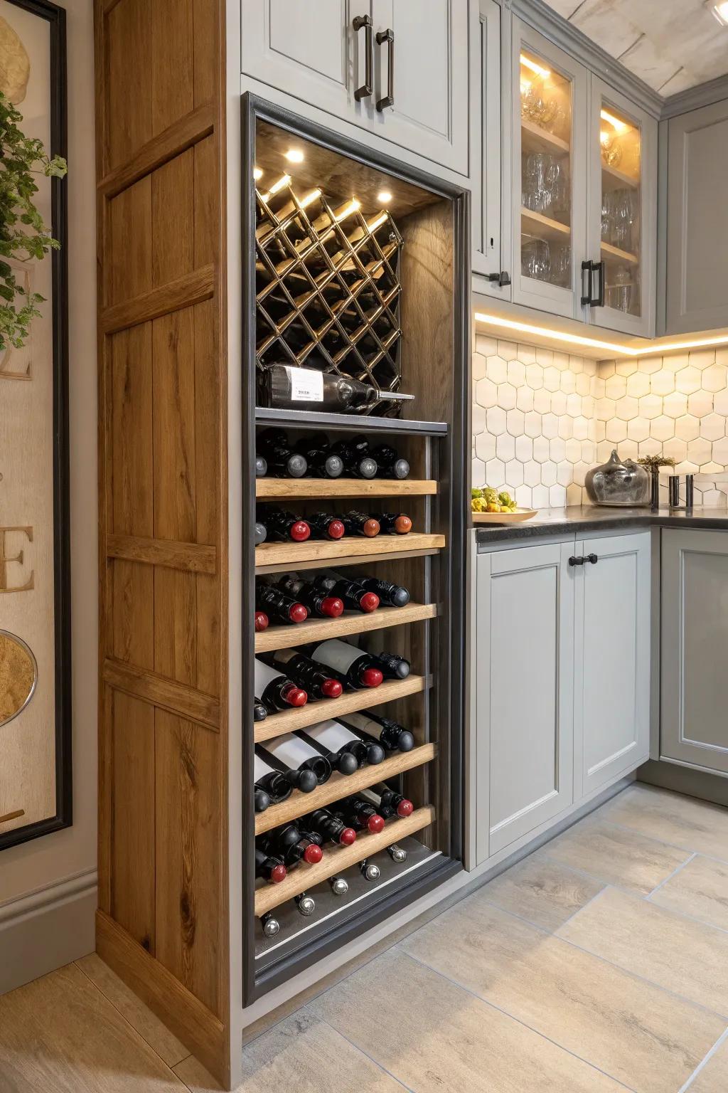 A built-in wine display transforms a corner cabinet into a focal point.