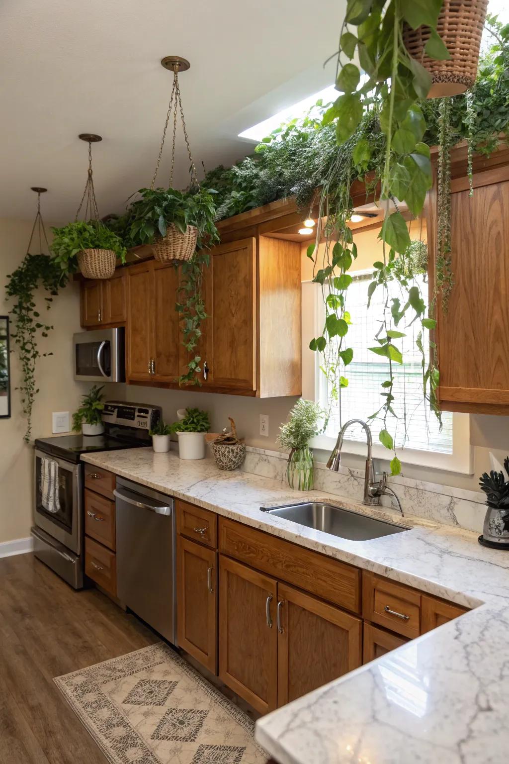 Hanging plants bring a fresh touch to your kitchen.