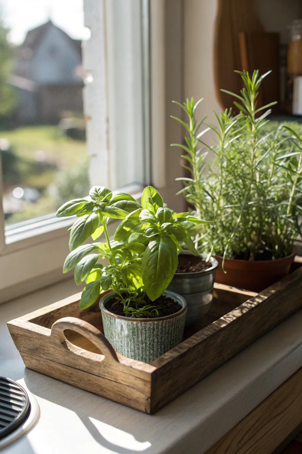 A mini herb garden brings freshness and flavor to the kitchen.